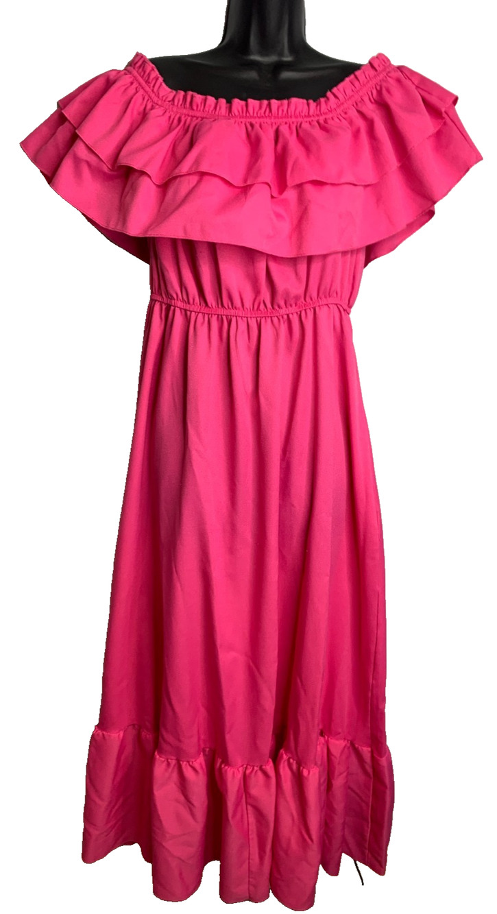 Boohoo Women's US 12 Hot Pink Off the Shoulder Tiered Dress Smoked Elastic Waist